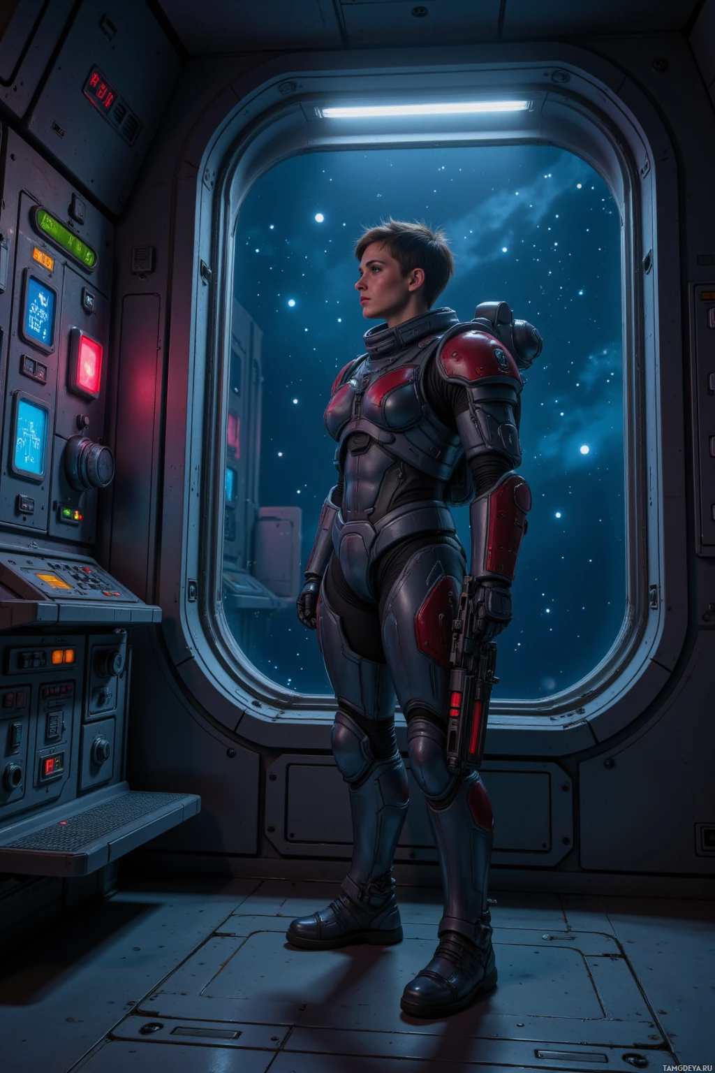 Realistic high quality photo. Female space marine, 27, short dark hair, piercing blue eyes, wearing sleek high‑tech armor with a visor, holding a comms pack and a plasma rifle, standing by a large viewport on a quiet starship bridge at night, gazing at starlight with dim control panels glowing softly behind her.
