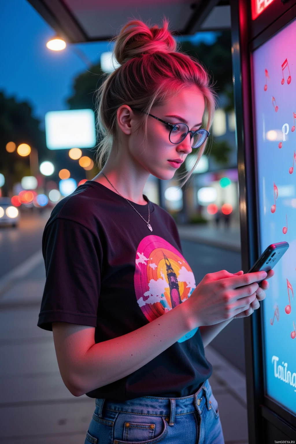 Realistic high quality photo. A woman with multicolored hair in a messy bun, bright blue eyes behind round glasses, wearing a graphic T‑shirt and jeans with a silver music note necklace, standing on an evening city bus stop, scrolling through scattered music notes on her phone screen while the streetlights cast a subtle neon glow around her.