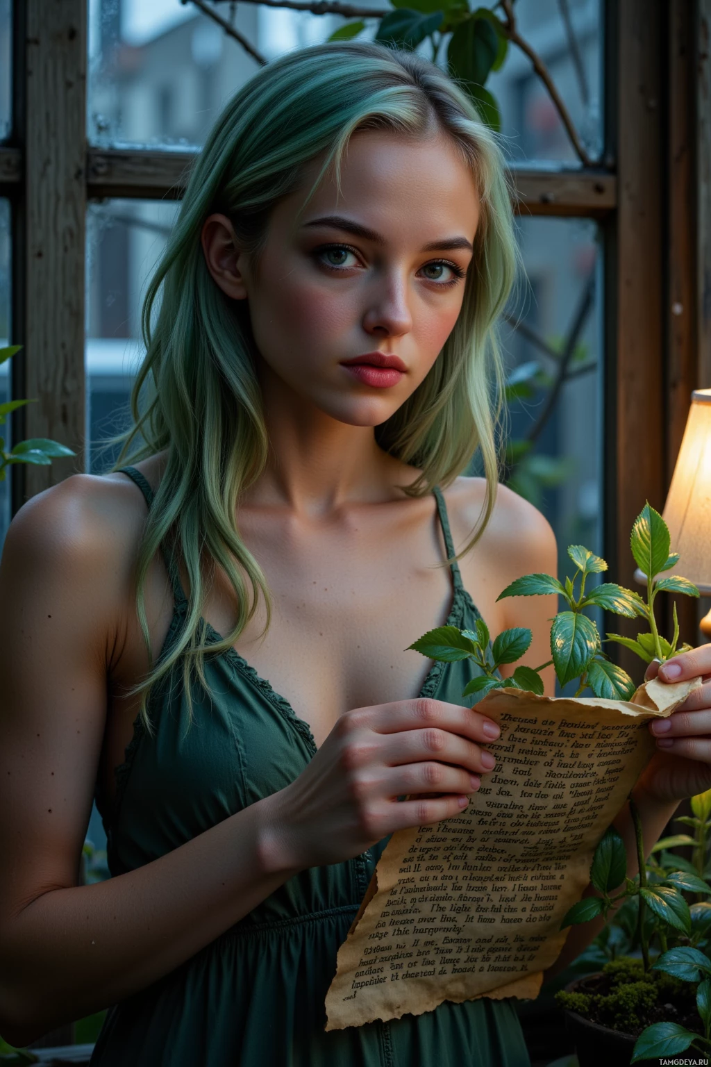 Realistic high quality photo. Nighttime in a dimly lit apartment balcony greenhouse, a 26‑year‑old woman with wavy pale green hair, bright green eyes, pale skin, wearing a flowy vintage sundress and worn‑out sneakers, carefully traces the veins of a silvery‑leafed Sarcococca with droplets sparkling on its leaves while holding a brittle scroll of ancient aphorisms, surrounded by damp mossy soil and a soft lamp glow.