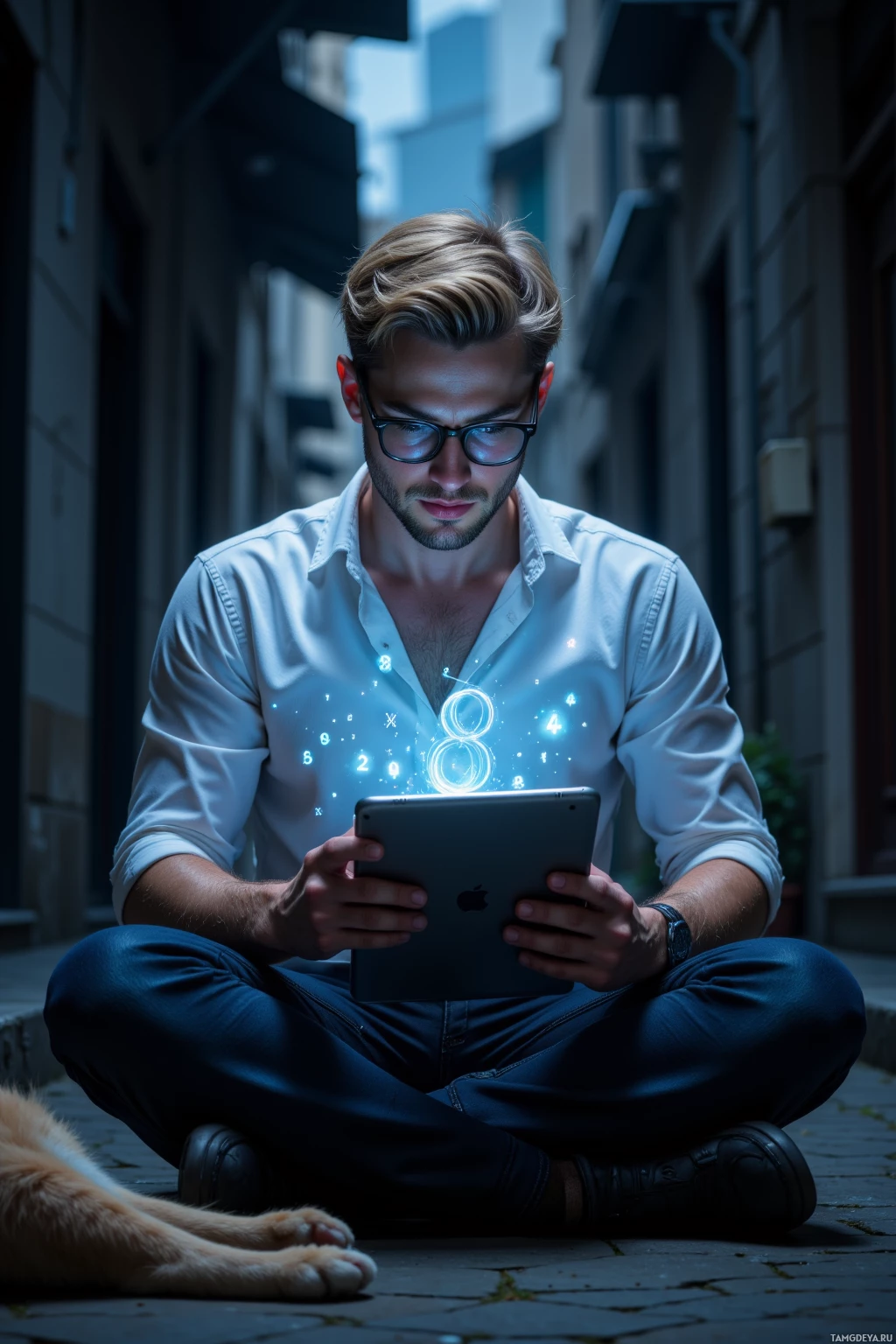 Realistic high quality photo. Male, 28, short blonde hair, piercing blue eyes, wearing a smart casual white shirt and dark jeans, glasses, holding a tablet, seated in a dim night alley with a soft ambient glow, a cat paw resting in the foreground as he calmly traces glowing number patterns on the tablet screen.