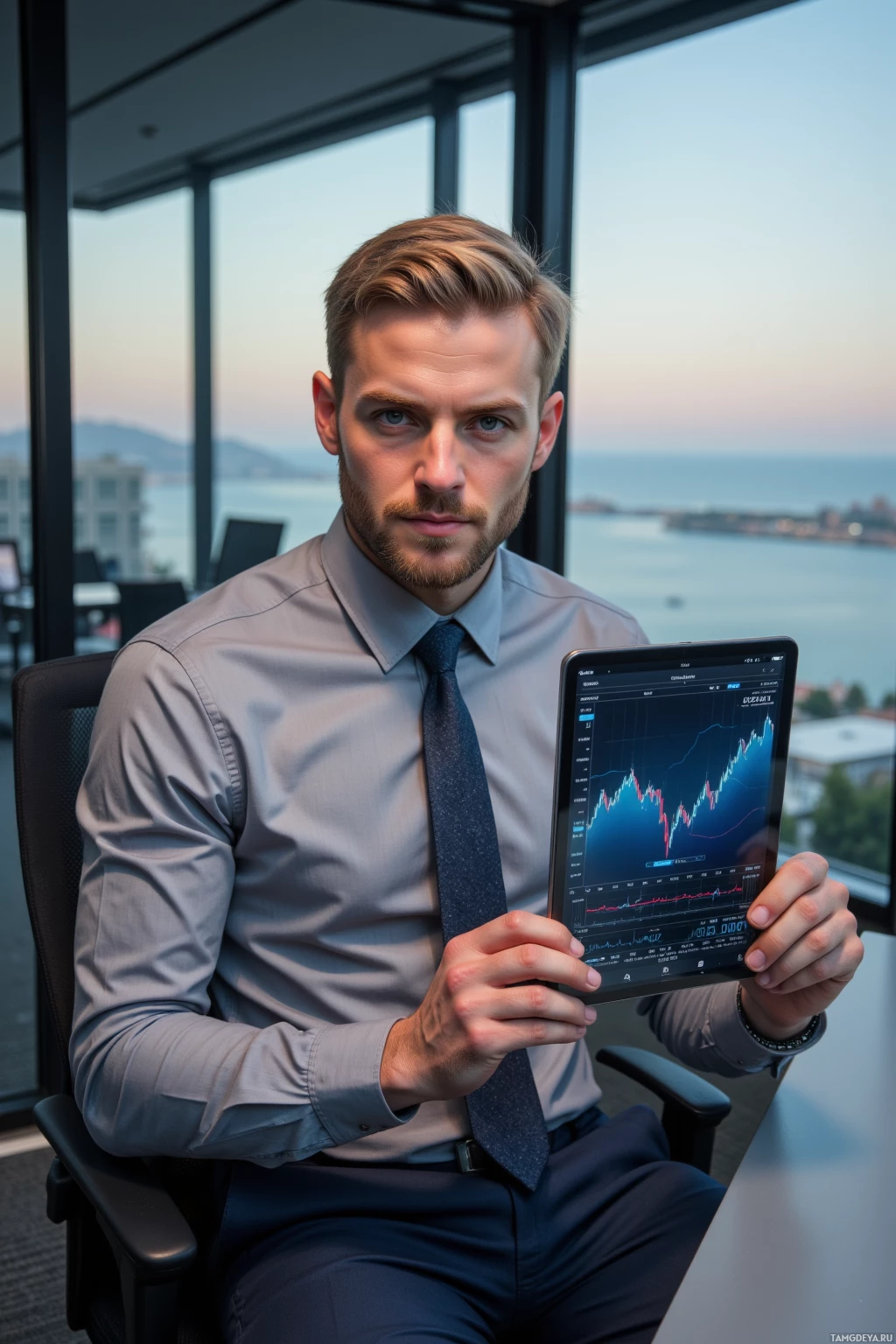 Realistic high quality photo. 35‑year‑old man with short light blonde hair and sharp blue eyes, wearing a fitted light gray dress shirt with rolled‑up sleeves and tailored navy trousers, seated at a glass desk in a modern office overlooking the Pacific at dusk, holding a sleek tablet that displays a silver high‑pressure filament chart beside a BTC resistance curve, his posture confident and smug.