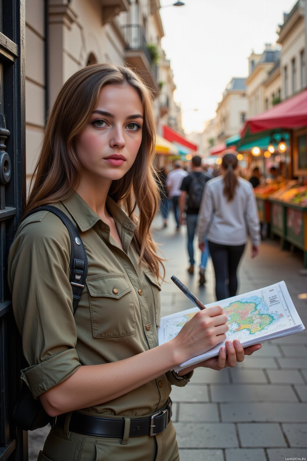 Realistic high quality photo. A 25‑year‑old woman with long wavy black hair, brown eyes and fair skin wearing a khaki field shirt, olive cargo pants and tan boots sketches a hand‑drawn map beside a closed wrought‑iron gate on an early‑morning city street as a brightly colored caravan of stalls passes under low sunrise light.