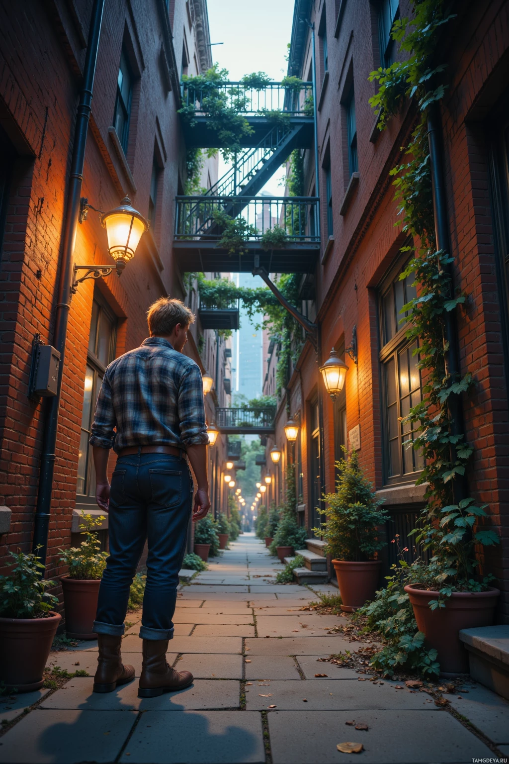 Realistic high quality photo. A rugged 34‑year‑old man with tousled light blonde hair, bright blue eyes, wearing a worn flannel shirt, hiking boots and leather belt stands on a narrow side street in the evening, gazing up at an ivy‑covered forgotten fire escape leading to a hidden rooftop garden as distant traffic hums below.