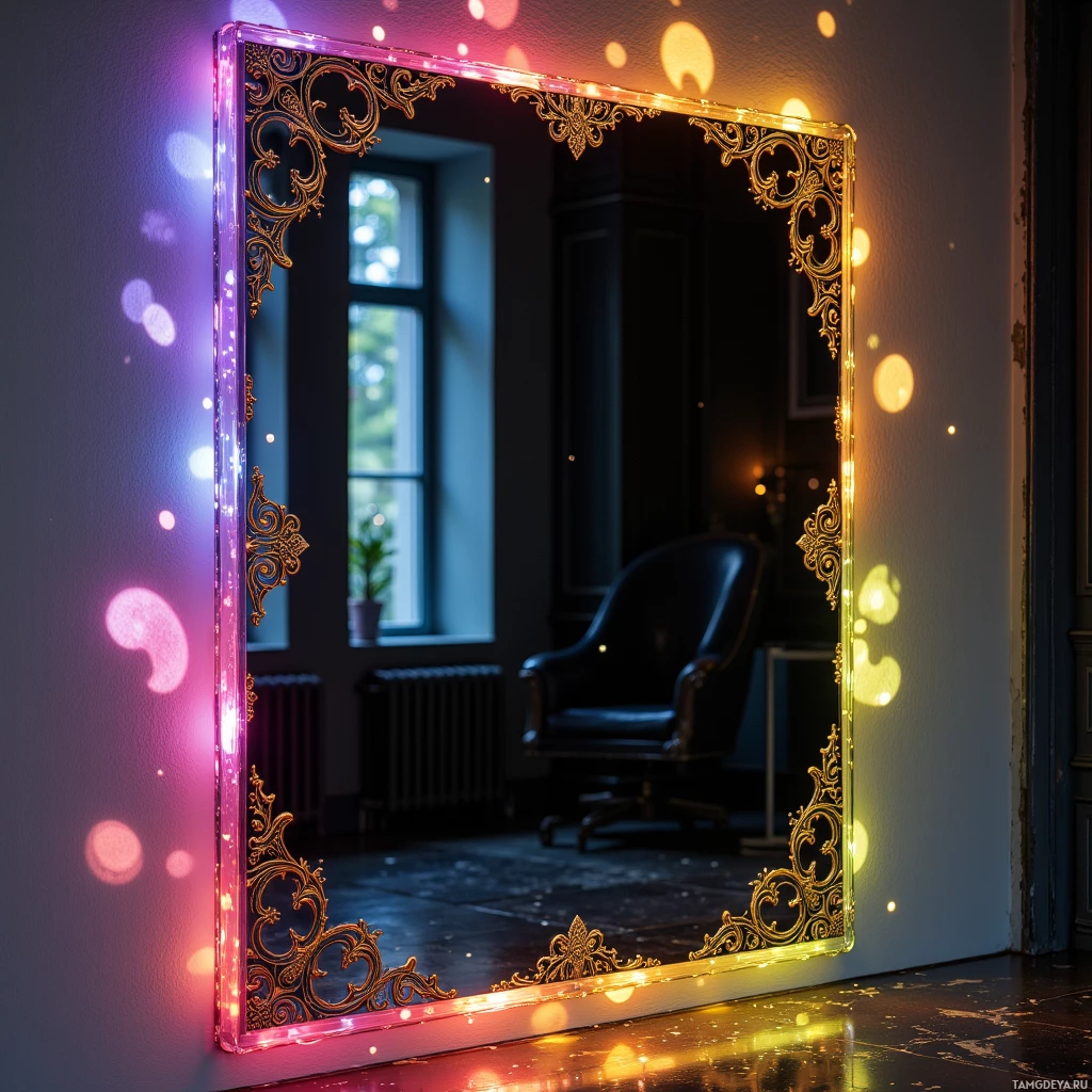 Semi-abstract image with many light, that is suitable for the post:  A sleek glass smart mirror panel with a matte black reflective surface outlined in intricate gold filigree and a thin frame that shifts colors to match mood, projecting subtle runway-inspired light onto the surrounding wall.