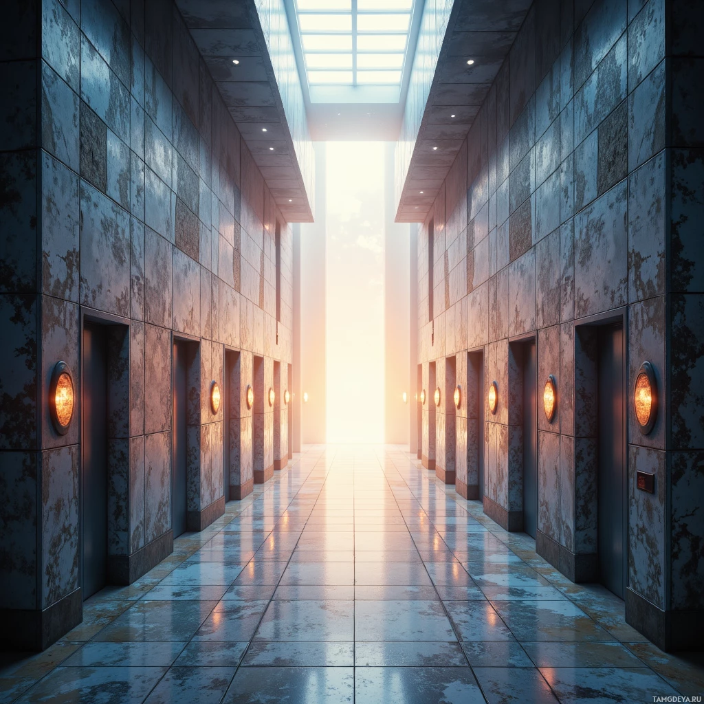 Semi-abstract image with many empty light space at center of beautiful background, that is suitable for the post:  The elevator's glass walls are a polished cuirass; I, a knight, compare their sheen to 15th‑century armor.