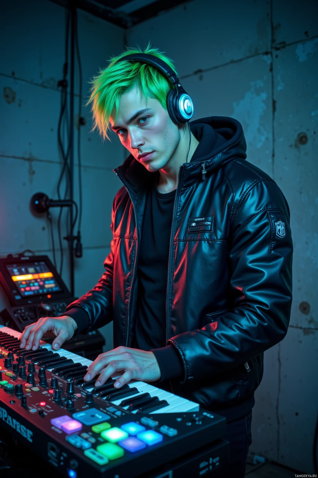 Realistic high quality photo. Male, 29, neon green messy hair, blue eyes, pale skin, chiseled features, wearing a futuristic jacket with metallic accents and angular patterns, stands in a dim midnight recording studio surrounded by concrete walls, cables, an illuminated synth keyboard, headphones on, fingers poised over keys as soft LED panel glow casts a low ambient light, embodying rebellious EDM energy.