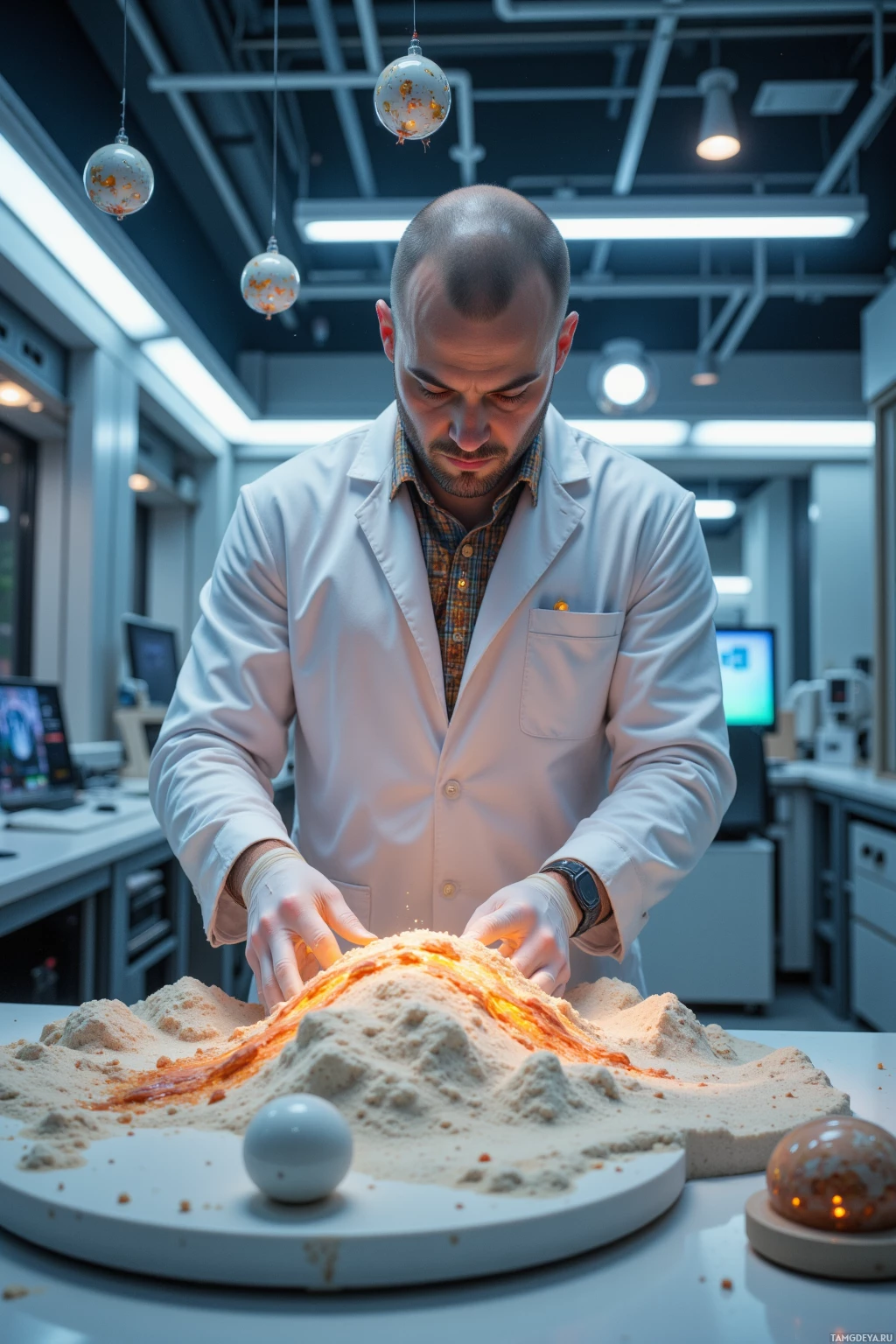 Realistic high quality photo. A 32‑year‑old man with a shaved head, glowing blue‑green eyes and bronze circuit patterns on pale skin, focused expression, wearing a minimalist white lab coat, meticulously dissects an AI model amid floating sandlike data dunes and humming nanobots in a sleek futuristic laboratory at dusk.