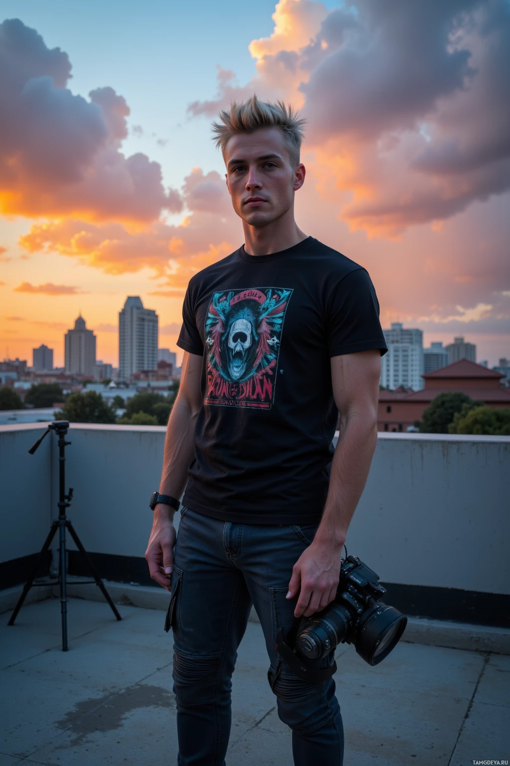 Realistic high quality photo. 23‑year‑old man with spiky bleach‑blonde hair, piercing blue eyes, sharp jawline, pale skin, wearing a graphic tee, casual pants, sneakers, standing on a quiet rooftop at dusk with a camera strapped to his wrist and a tripod set up, orange sunset light spilling over the urban horizon while a distant bus horn echoes, modern realism.
