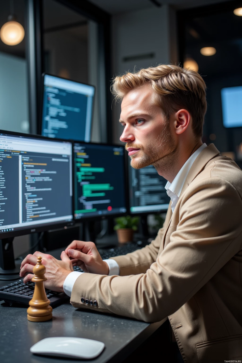 Realistic high quality photo. Middle-aged man, 31, blonde hair, blue eyes, expressive eyebrows, slightly rounded nose, wearing light brown suit and white shirt without tie, calmly inspecting stack trace on a computer monitor in a modern tech office with a second screen displaying a spreadsheet and a "Server restarting" notification; beside the keyboard he is polishing a wooden rook on a small tabletop.