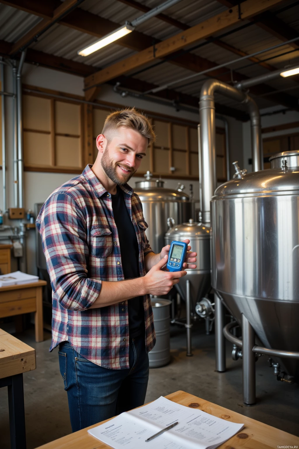 Realistic high quality photo. Male, 33, short blonde hair, trimmed beard, wearing a soft plaid shirt and well‑worn jeans, grinning as he checks a pH meter beside a stainless steel kettle and mash tank in an industrial fermentation room with a ledger on a wooden table and a grain bucket in the background.