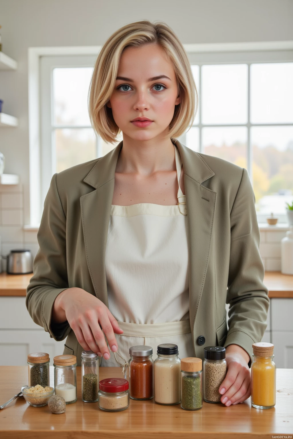 Realistic high quality photo. Female, 27, blonde bob haircut, blue eyes, wearing a vintage tailored jacket and simple white apron, methodically arranging unlabeled spice jars on a wooden countertop in a bright modern kitchen with natural daylight streaming through the window, focused expression of concentration amid scattered jars.