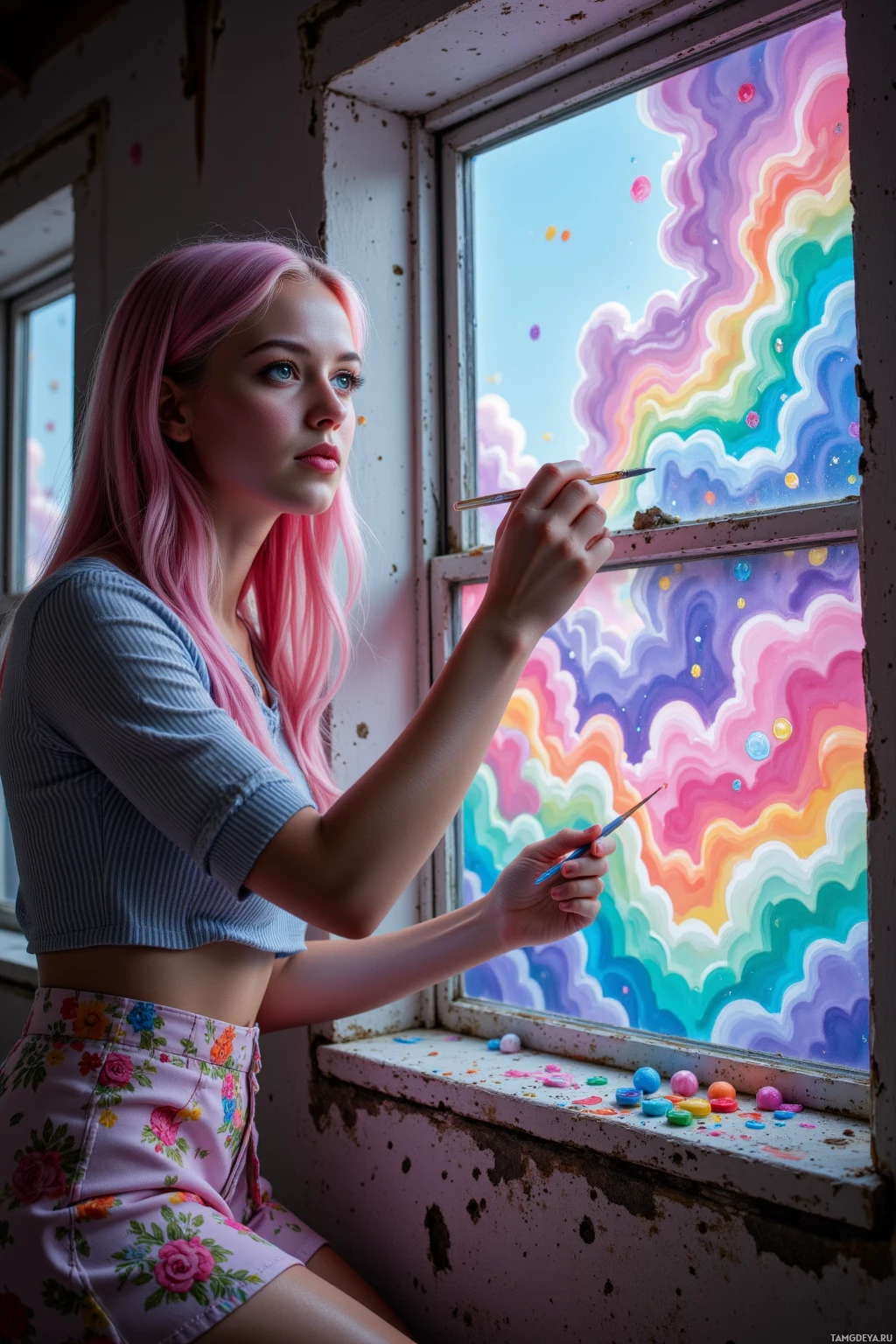 Realistic high quality photo. Woman, 23, pastel pink hair, bright blue eyes, wearing a striped shirt and floral skirt, gently paints swirling neon clouds onto the edges of a forgotten attic window in a dusty loft; she holds her paintbrush like a secret friend as colors flutter away.