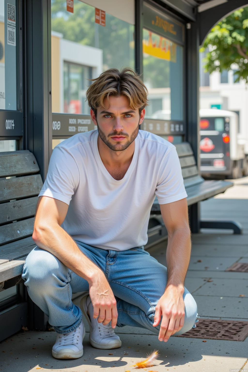 Realistic high quality photo. A 25‑year‑old man with shaggy light brown hair and bright blue eyes, wearing a white t‑shirt and light blue jeans, arranging bus stop benches into a maze with Morse code numbers and QR codes hidden on mailbox corners, spotting a feather on a curb, in a daytime urban bus stop setting.