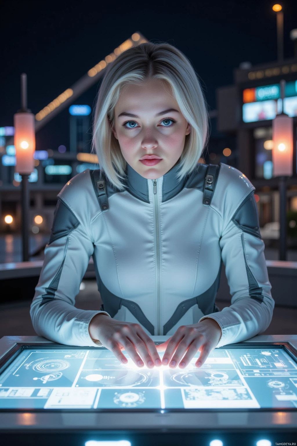 Realistic high quality photo. Pale-skinned 26‑year‑old female UX engineer with a sleek silver bob and sharp blue eyes, wearing a minimalist white and gray high‑collar jumpsuit with subtle holographic accents, sits in an orbital plaza at night surrounded by glowing nebula lanterns, holographic interface floating before her as she collaborates with crew members editing shared design files on a translucent screen, her hands moving precisely over the glow as the nebula light flickers across the metal platform.