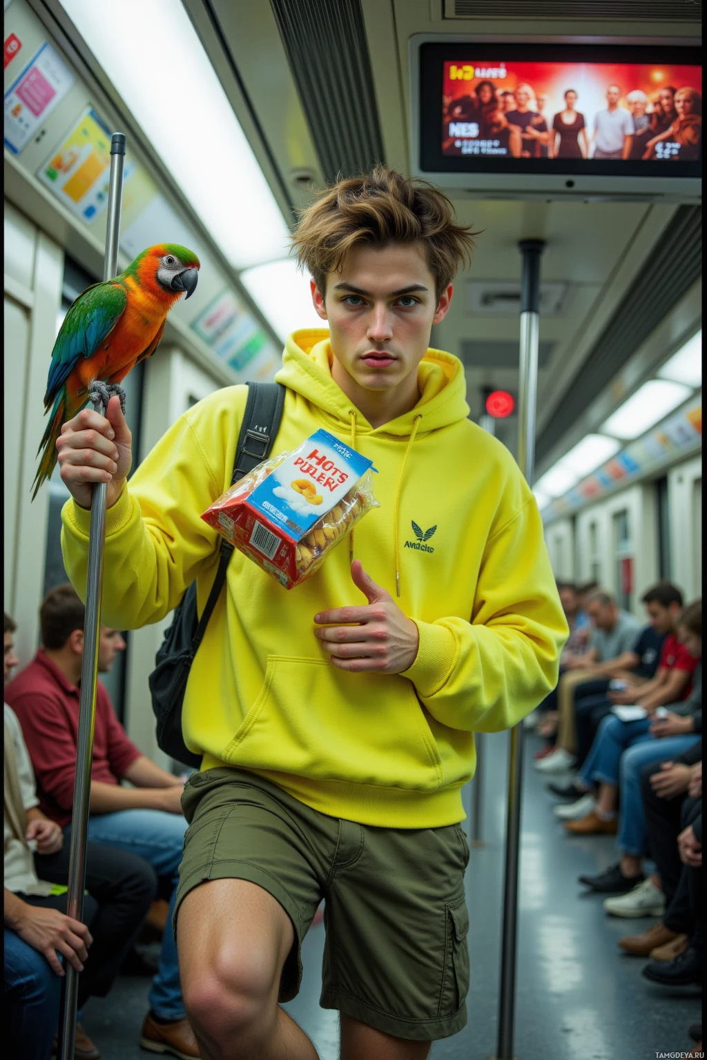 Realistic high quality photo. Male, 23, light brown tousled hair, green eyes, neon oversized hoodie and cargo shorts, balancing a bag of hot pockets on the back of a subway car, flicking lashes like a magician, while a confused parrot perched on the rail interviews him, with an LED billboard overhead and a live‑stream camera capturing his chaotic runway vibe.