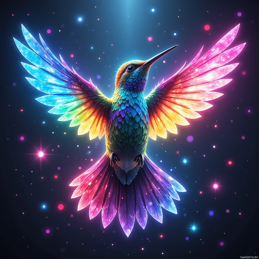Semi-abstract image with many empty light space at center of beautiful background, that is suitable for the post:  A neon hummingbird flutters through my inbox, turning chaotic emails into a rainbow choir.