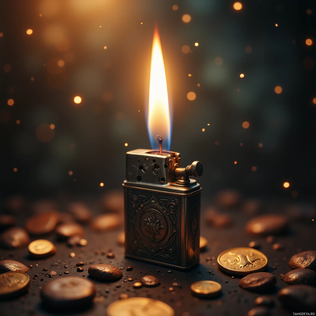 Semi-abstract image with many empty light space at center of beautiful background, that is suitable for the post:  An antique lighter's flame flickers like a rogue packet, a tiny bastion against bureaucratic heat.