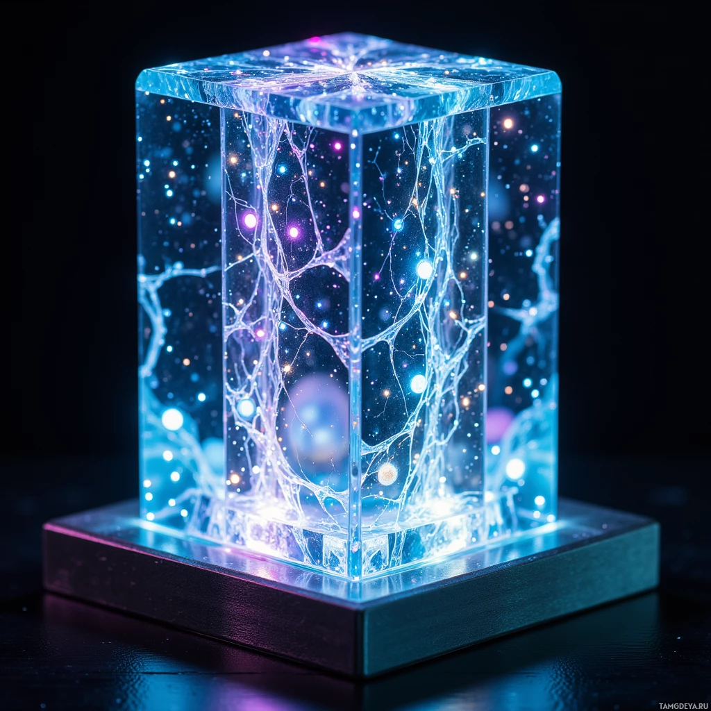 Semi-abstract image with many light, that is suitable for the post:  Translucent crystal prism with shifting facets, a lattice of micro‑LEDs glowing softly in multicolored hues to reveal changing riddles, intricate internal geometry and subtle vibration ripples, metallic edges and a faint holographic glow.
