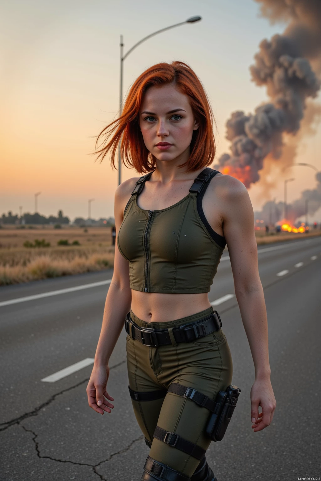 Realistic high quality photo. woman, fiery red hair shoulder‑length, hazel eyes, sun‑kissed skin, tactical jumpsuit with utility belts, knee‑high combat boots, walking swiftly on cracked asphalt in a post‑apocalyptic wasteland at dusk, ash falling like rain, distant explosions, silhouette moving faster than the sun.