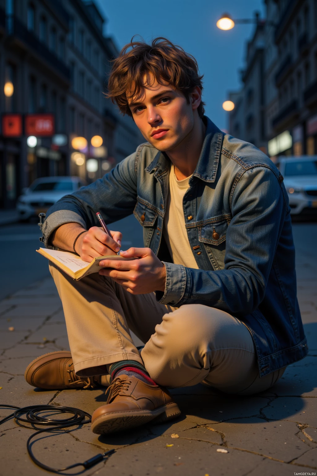 Realistic high quality photo. A 27‑year‑old man with light brown tousled hair, blue eyes and fair skin, wearing a faded denim jacket over a cream vintage t‑shirt and slim beige chinos, sits on cracked city pavement at midnight under a single streetlamp, scribbling lyrics in a notebook while mismatched socks peek from his shoes, surrounded by disarrayed amp cables.