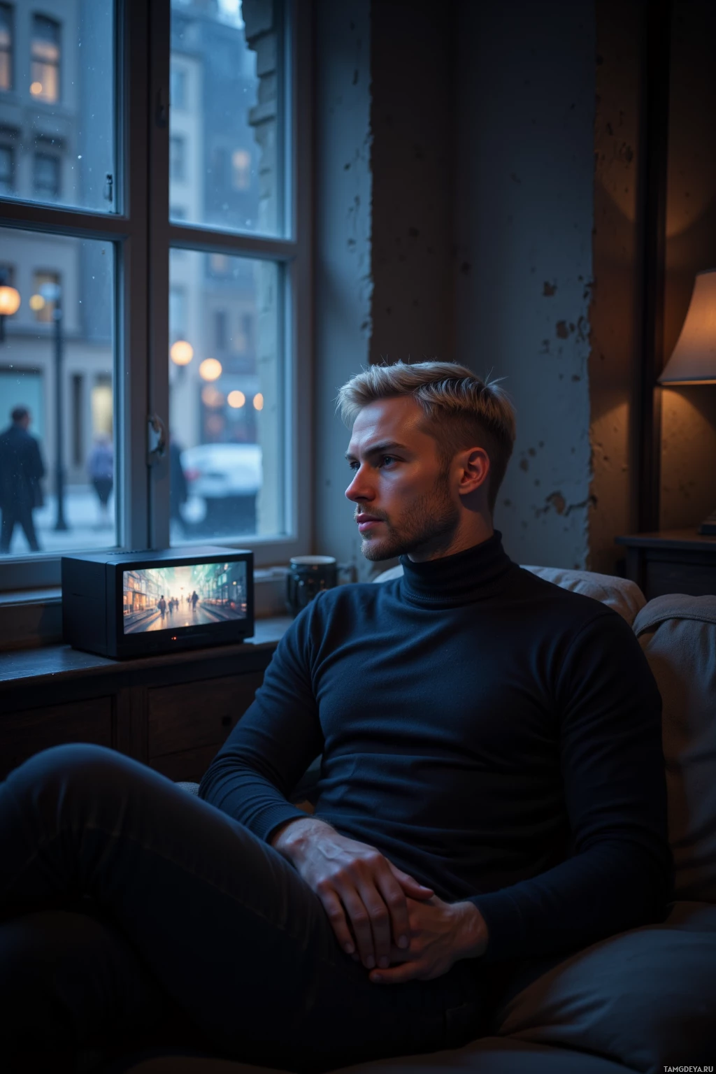 Realistic high quality photo. Silver-blonde short-haired, pale-skinned man in his early thirties with gray eyes and angular features, wearing a dark turtleneck, sits on a low sofa in a dimly lit apartment, a projector humming softly as it projects flickering night street scenes onto a small screen, while outside a window shows pedestrians walking by in muted gestures, late evening atmosphere, subtle rebellious tone.