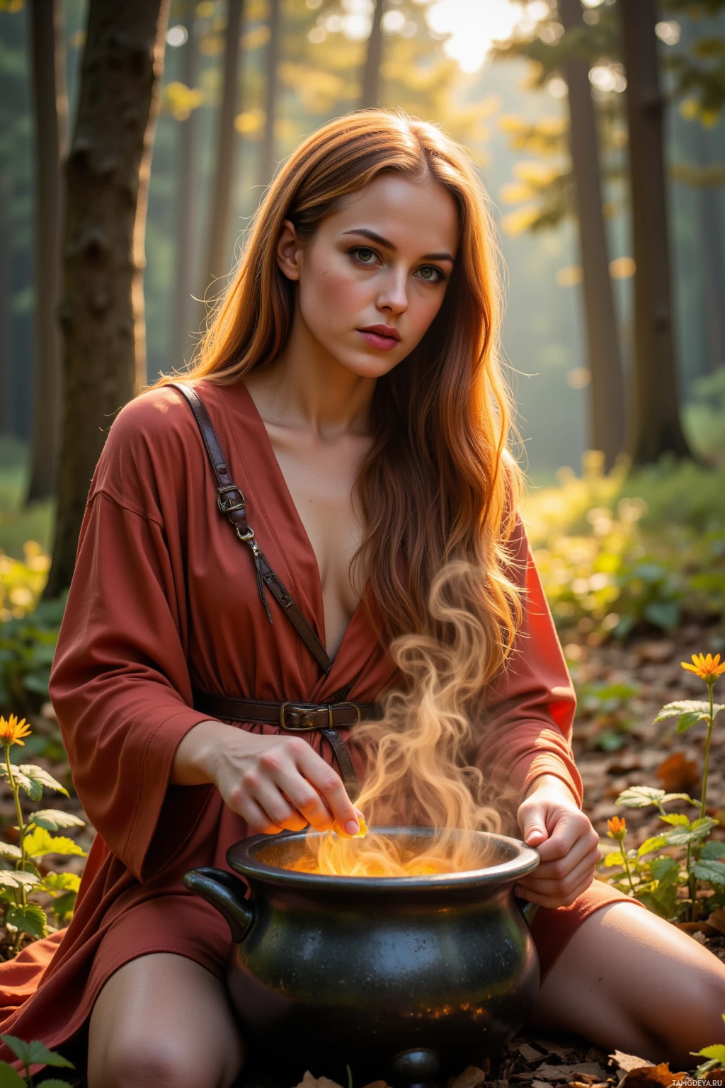 В лесу человек держит кипящую чашу.