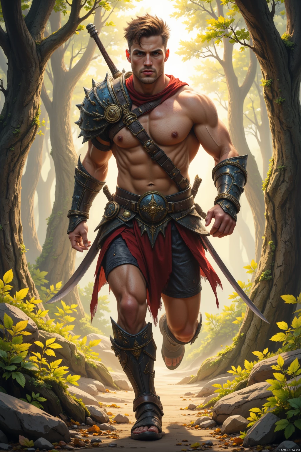 Realistic high quality photo. A muscular 34‑year‑old man with brown hair, piercing blue eyes, pale skin, angular jaw and cheekbones, wearing intricately detailed tribal armor adorned with clan symbols and carrying dual sharp blades, running with fierce determination through a luminous enchanted forest at sunrise, echoing footfalls in misty forest corridors while a distant dragon’s roar reverberates, sunlight filtering through towering ancient trees.
