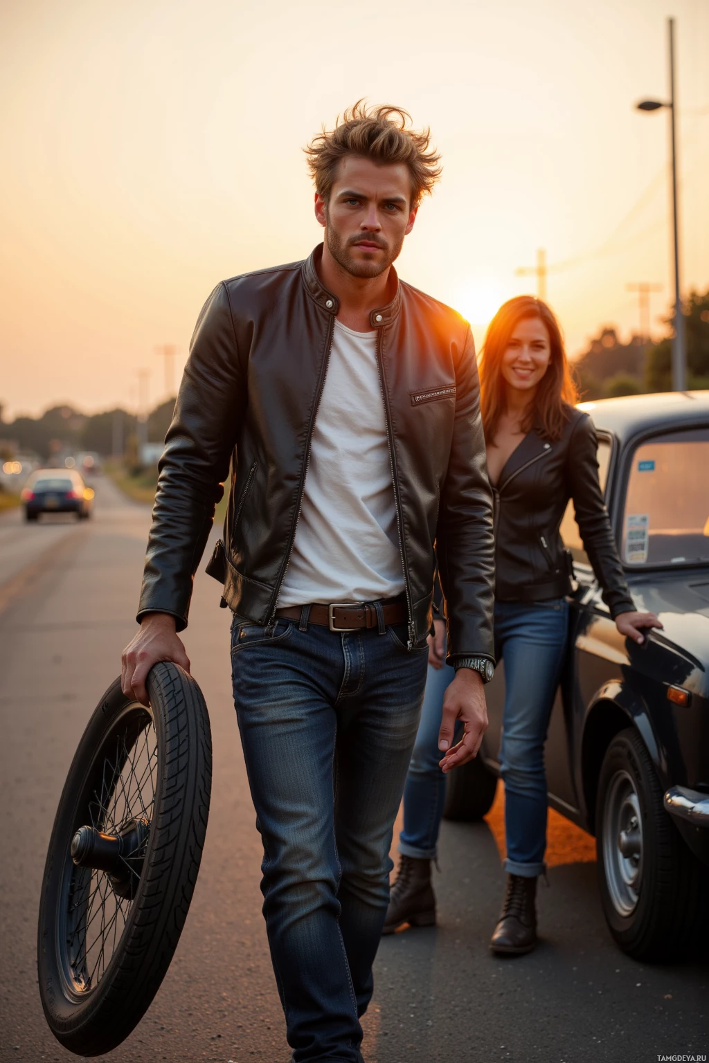 Realistic high quality photo. A tall 27‑year‑old man with messy blonde hair, bright blue eyes, rugged complexion and strong facial features, wearing a black leather jacket over a white t‑shirt, dark jeans and worn motorcycle boots, stands beside a highway at sunset, spinning a spare wheel into a stranger’s open car door as the stranger grins widely, the warm glow of the setting sun illuminating the scene.