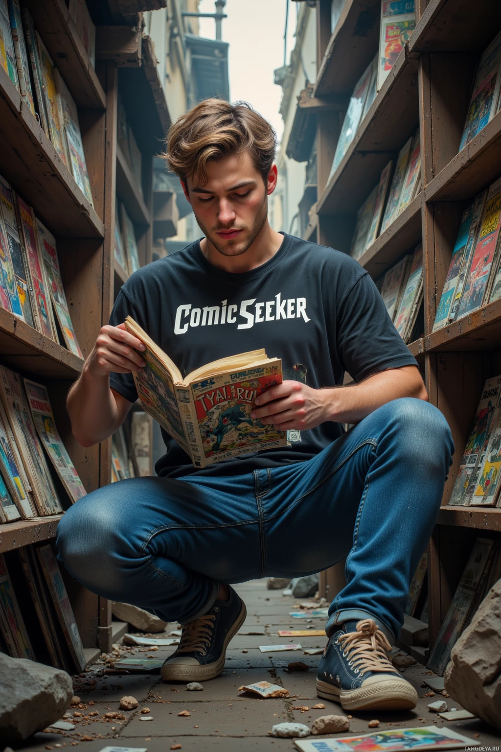 Человек в футболке с надписью "Comic Seeker" присел и читает комикс в узком переулке.