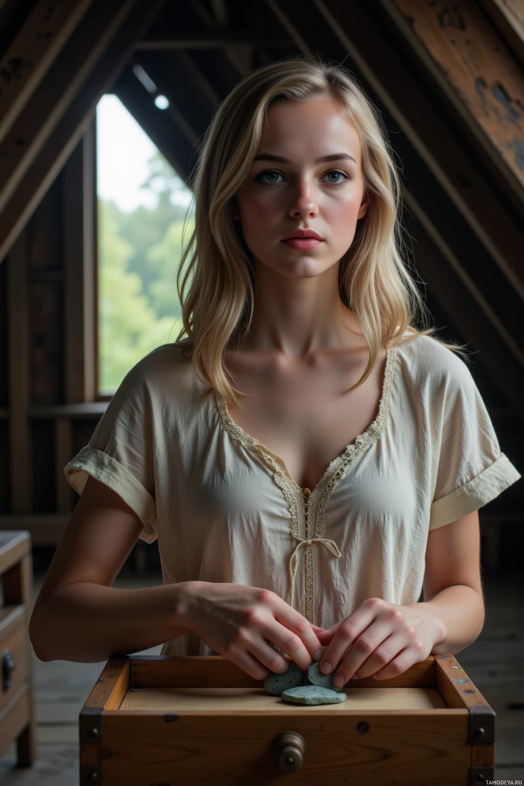 Человек с светлыми волосами в светлой одежде держит камни перед деревянным ящиком.