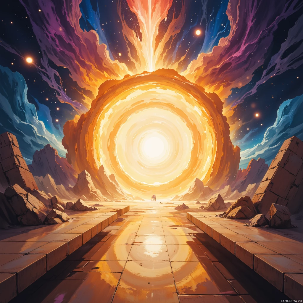 Яркая космическая сцена с сияющим порталом, окруженным каменистой местностью и усыпанным звездами небом.