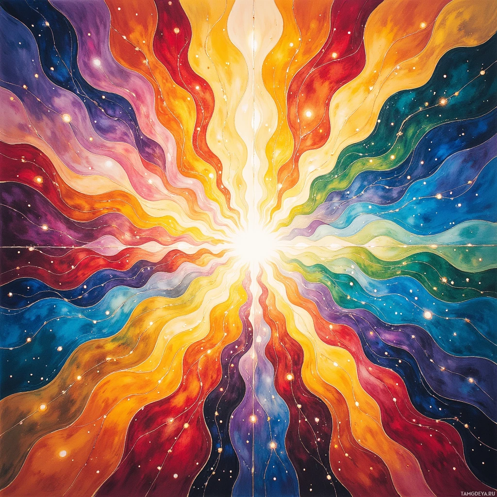 Яркая абстрактная картина, на которой волны радужных цветов расходятся от центра, сливаясь в светящуюся точку.