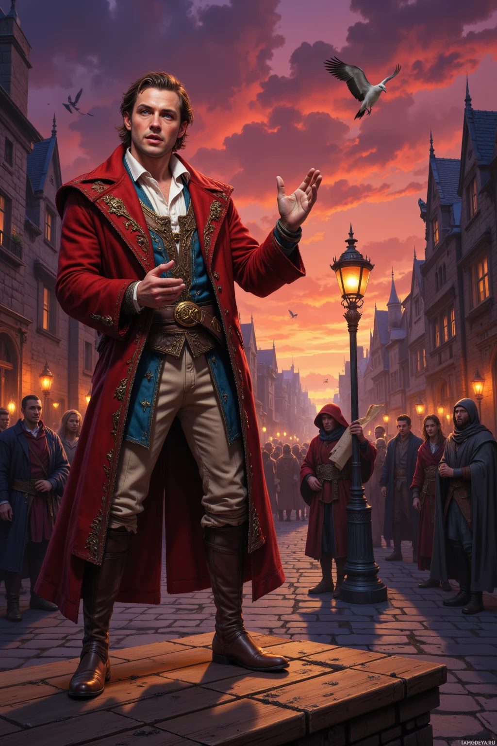 Мужчина в красном плаще стоит на деревянной платформе на средневековой городской площади, жестикулируя, пока над головой пролетают птицы.