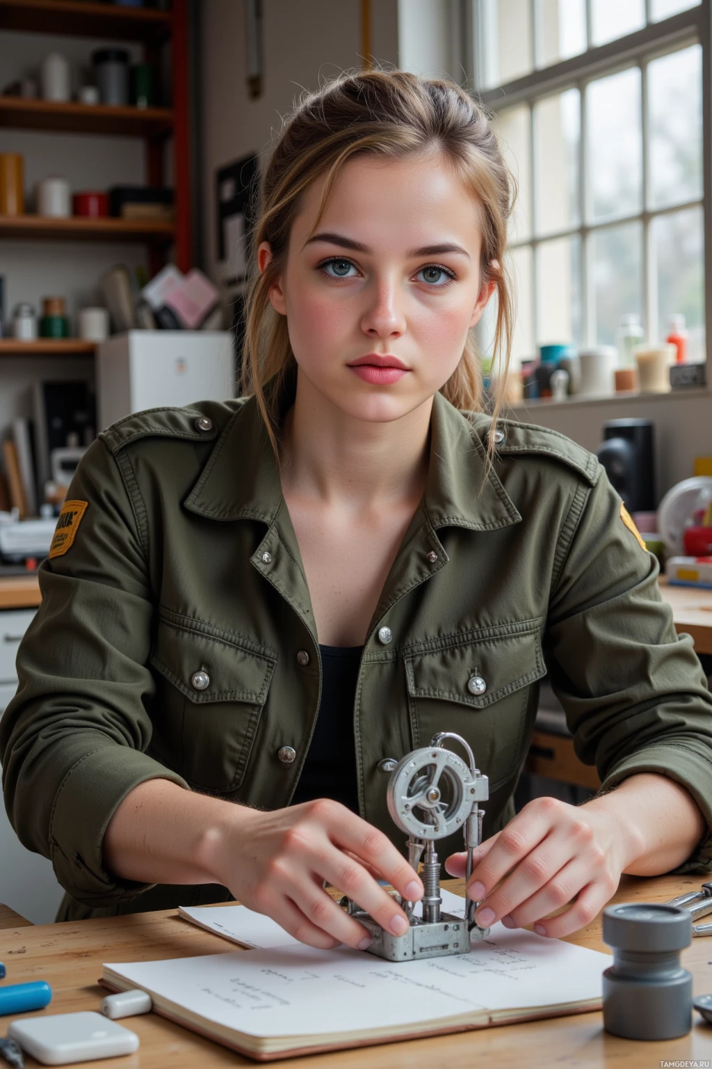 Человек в зеленой куртке работает над небольшим механическим устройством за столом.