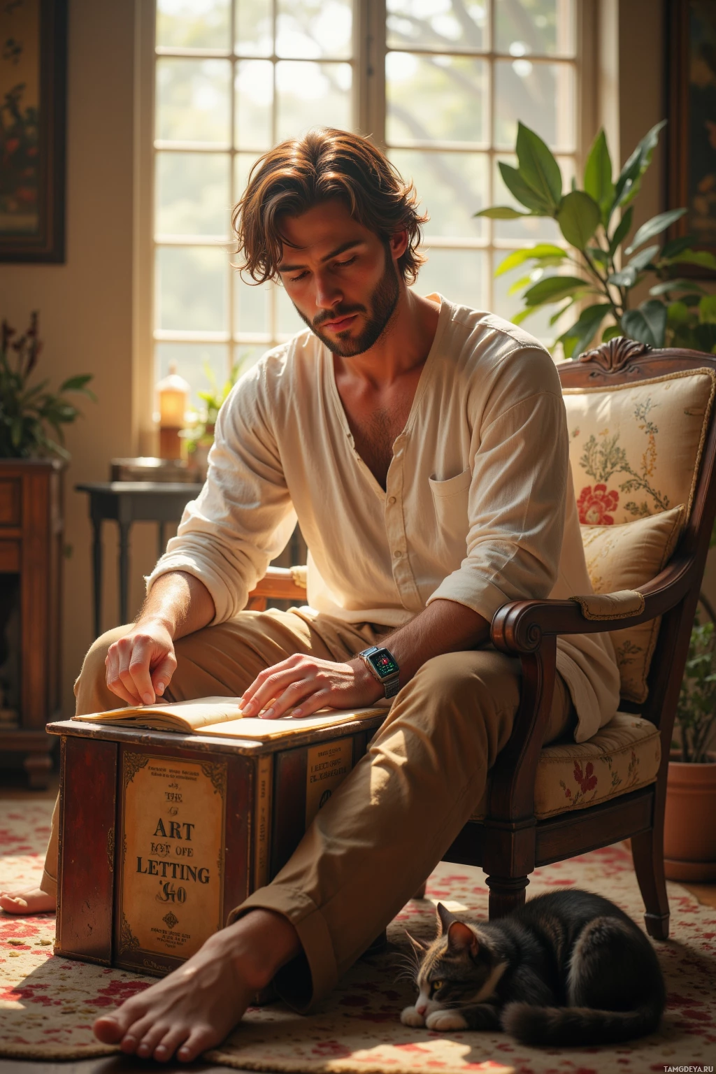 Мужчина сидит в кресле у окна и читает книгу, рядом отдыхает кошка.