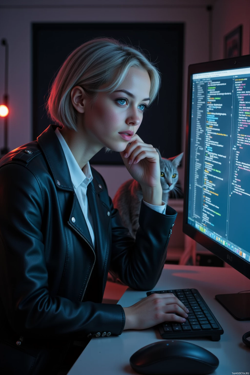 Человек в кожаной куртке работает за компьютером, на заднем плане кошка.