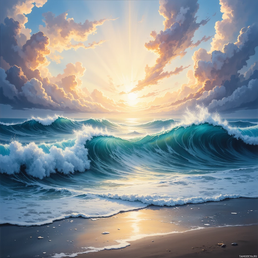 Безмятежная закатная сцена с разбивающимися волнами и золотым небом.