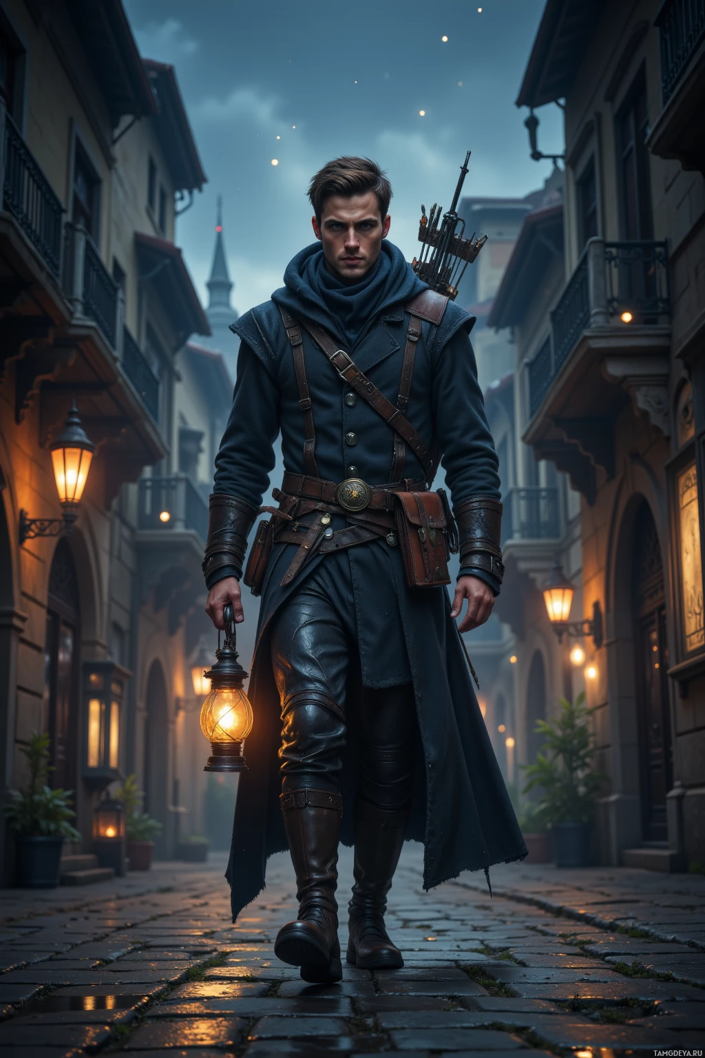 Мужчина в средневековой одежде идет по мощеной улице, держа в руках фонарь.