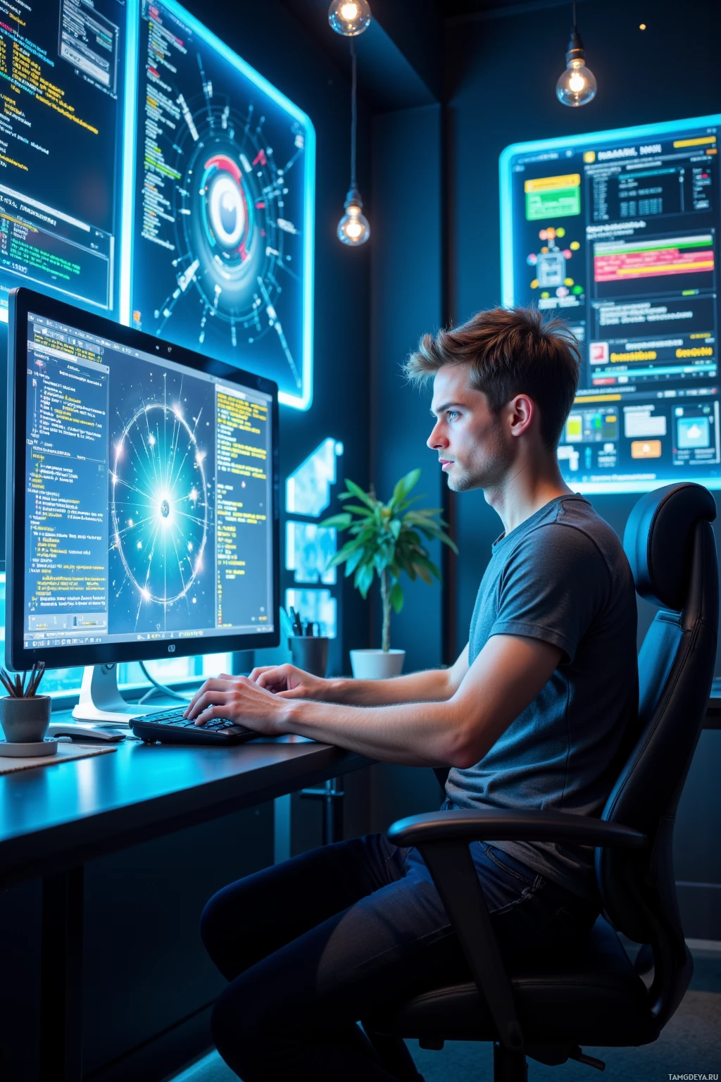 Человек сидит за столом и работает за компьютером с несколькими мониторами, на которых отображаются строки кода и данные.