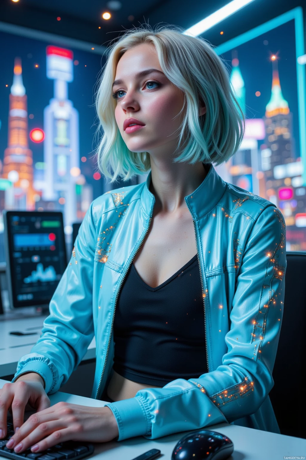 Человек с короткой светлой стрижкой, в синей куртке с подсвечивающимися элементами, сидит за столом и печатает на клавиатуре.