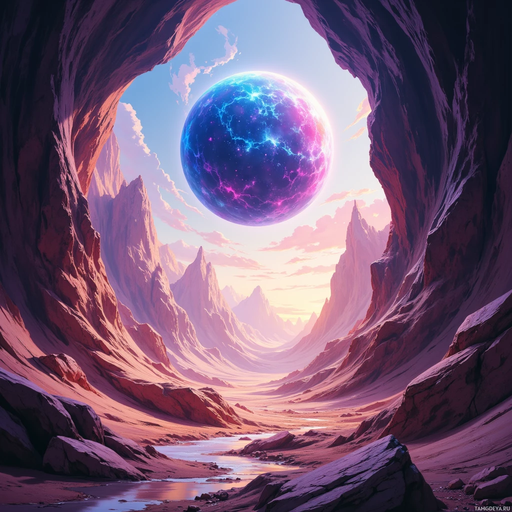 Сюрреалистичный пейзаж с сияющим небесным телом в каменистом ущелье.