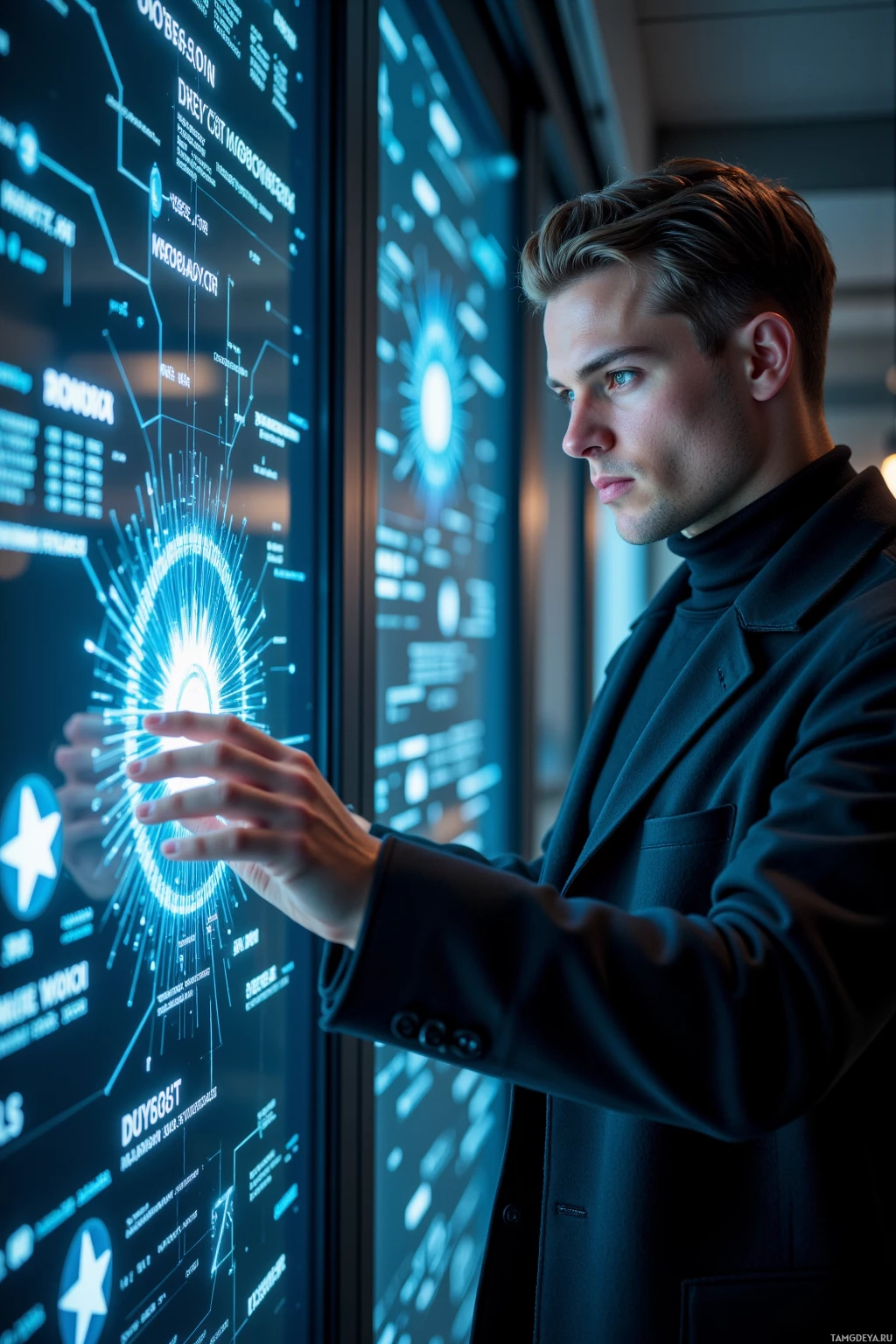 Мужчина в костюме общается с футуристическим цифровым интерфейсом.