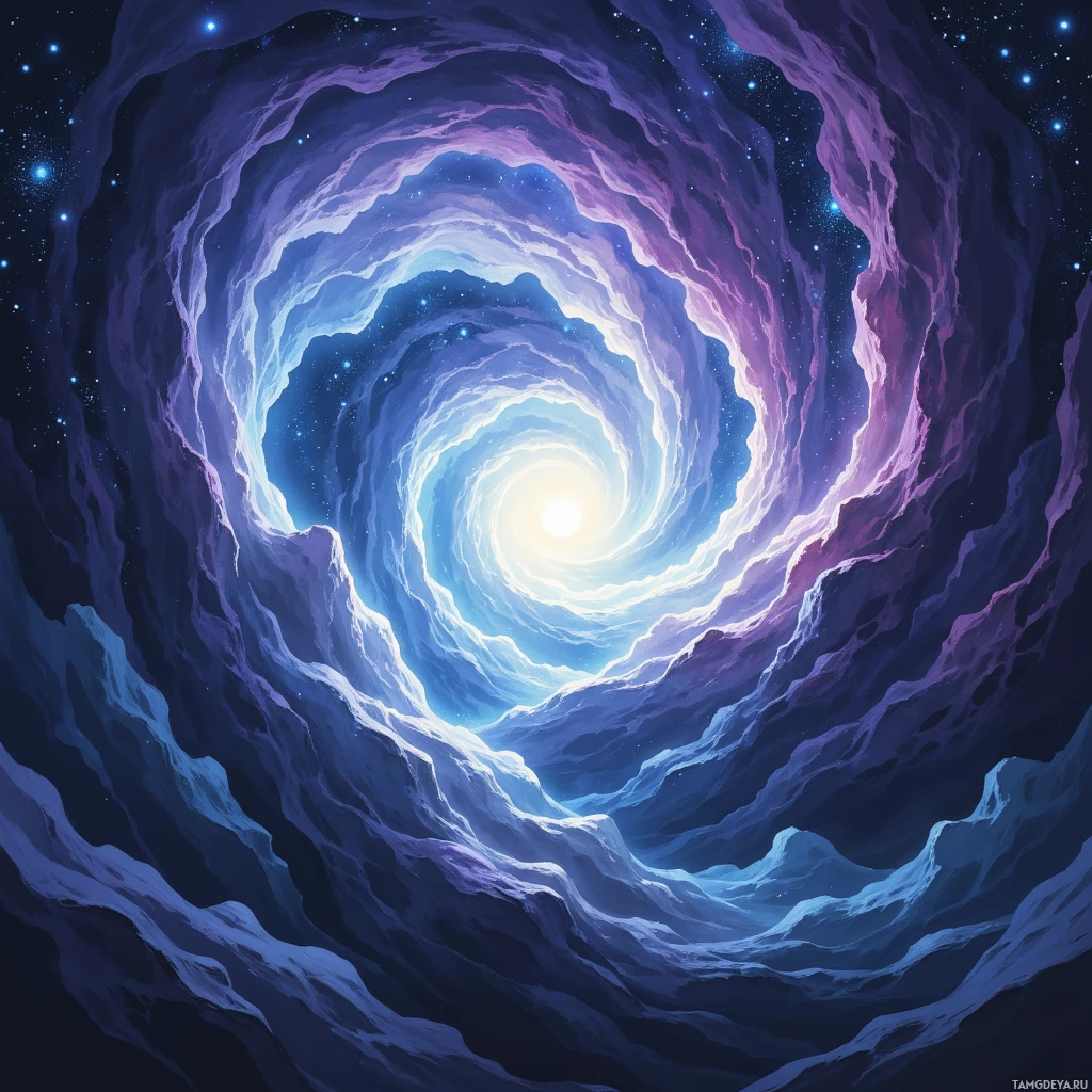 Завихряющийся космический туннель с яркой вспышкой света в центре, окружённый звёздами и глубокими космическими оттенками.