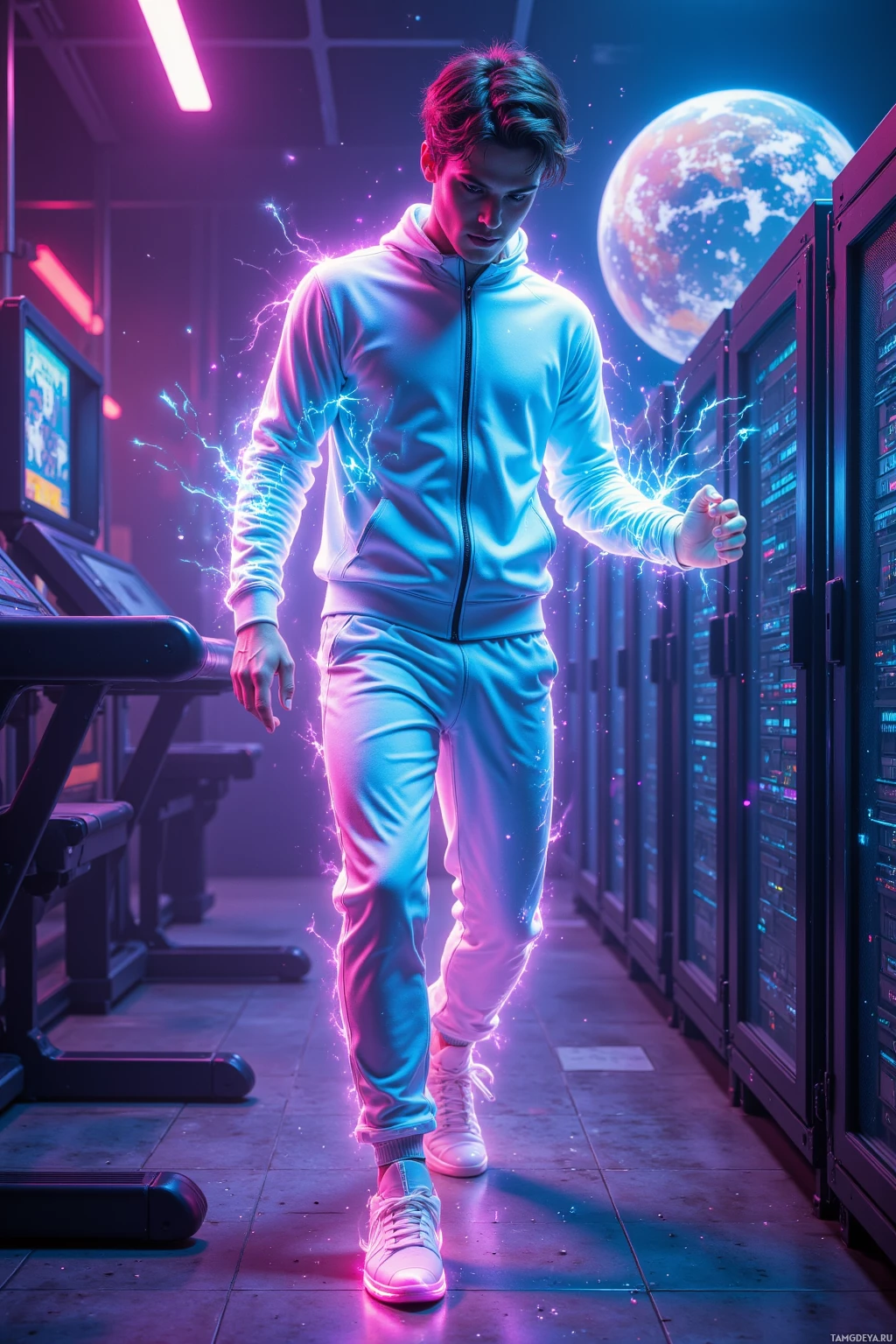 Человек в футуристическом пейзаже, с эффектами свечения и огромной планетой на фоне.