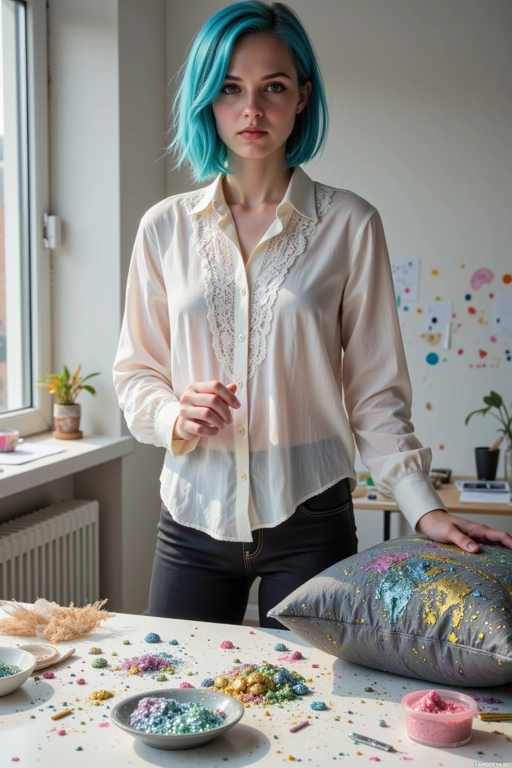 Человек с голубыми волосами стоит в комнате, где на столе лежат разноцветные порошки и подушка.