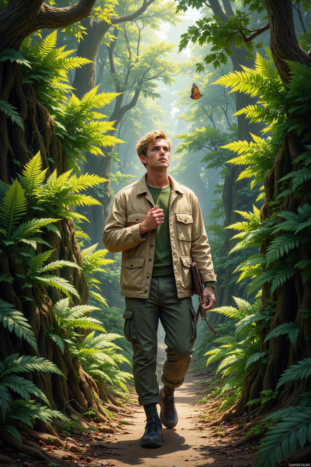 Мужчина на лесной тропинке, окруженный пышной зеленью и солнечными лучами, пробивающимися сквозь деревья.
