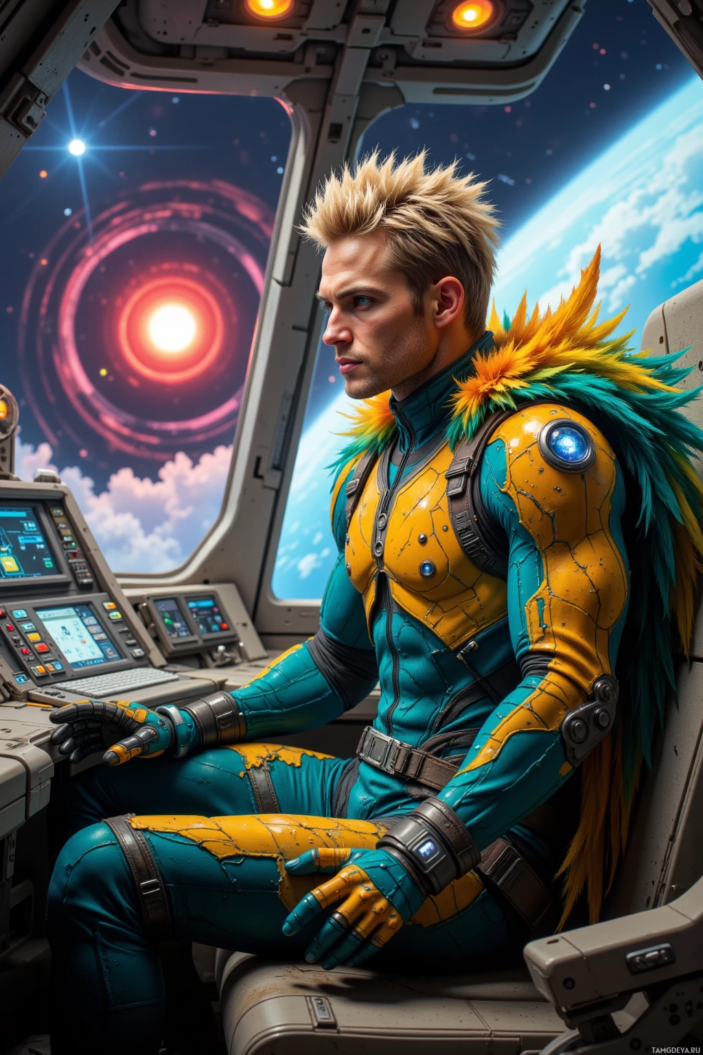 Человек в футуристическом, красочном скафандре сидит внутри космического корабля, любуясь захватывающим видом на космос.