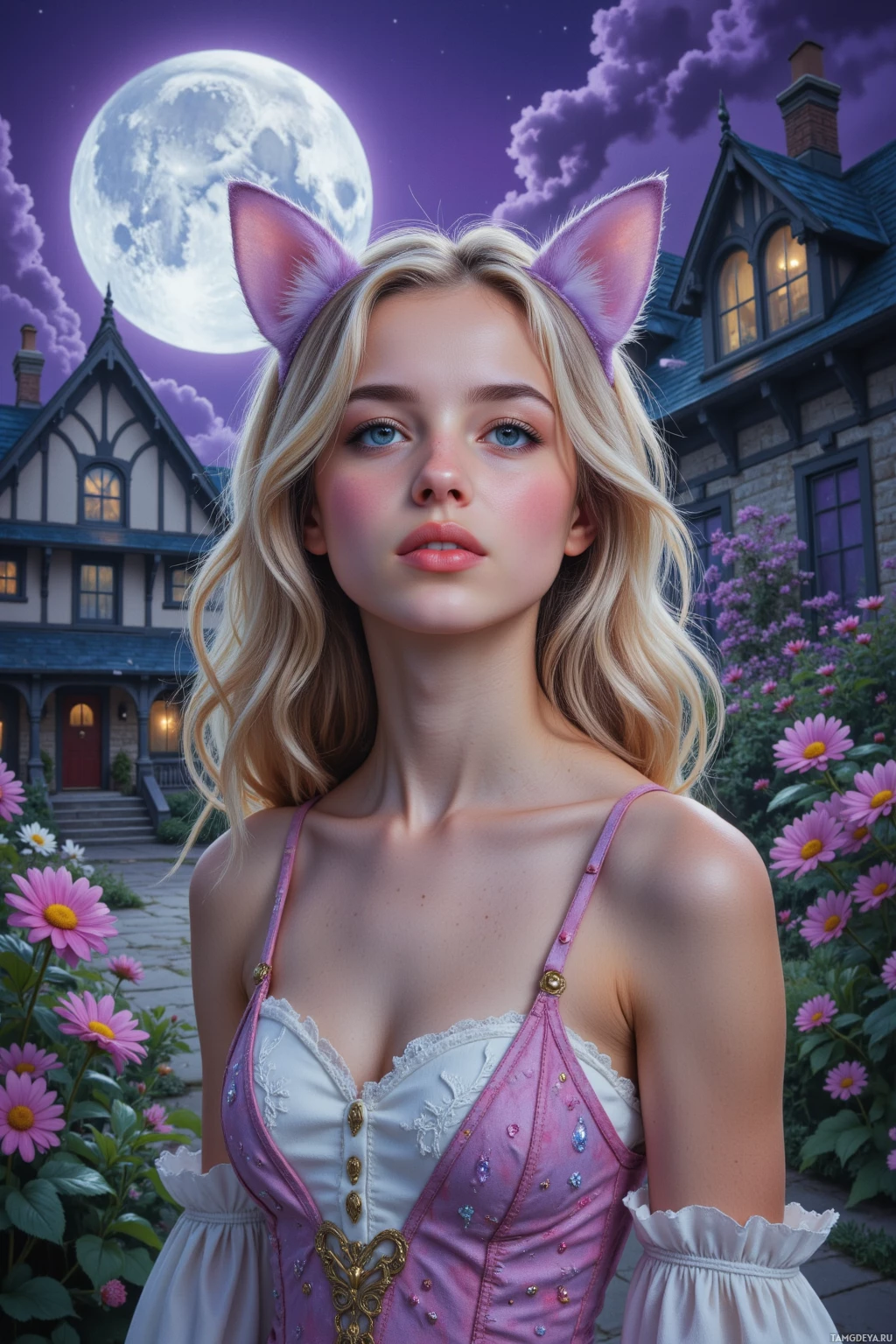 Женщина с кошачьими ушками стоит на фоне дома, за которым виден полный месяц и цветы.