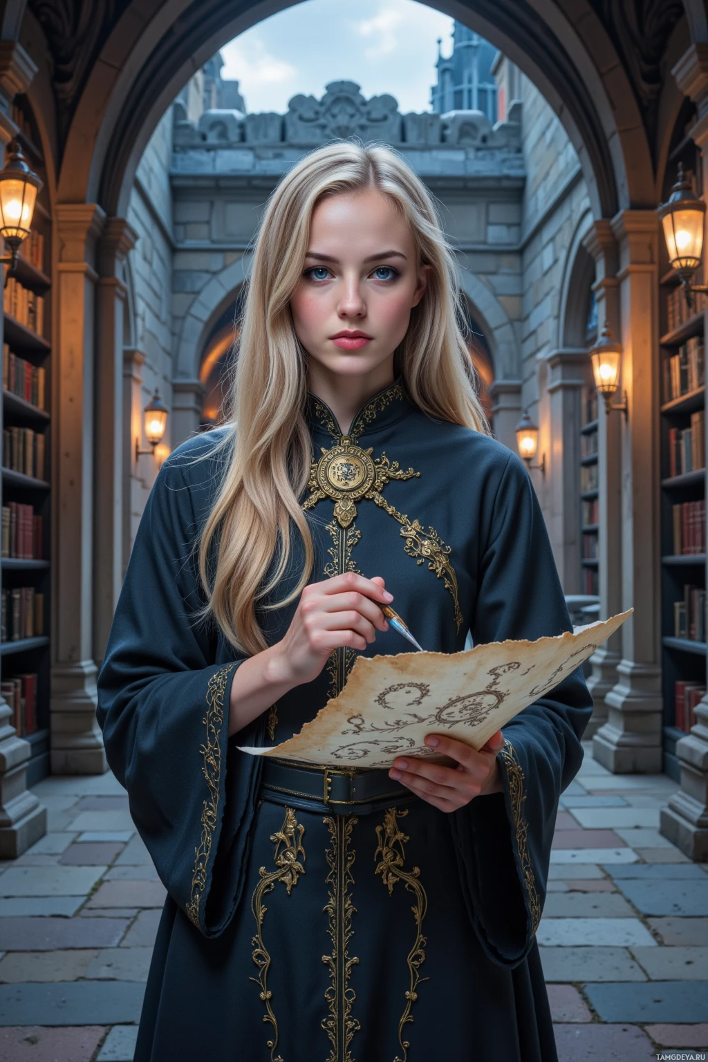 В библиотеке стоит человек в тёмном, богато украшенном одеянии, держа в руках перо и пергамент.