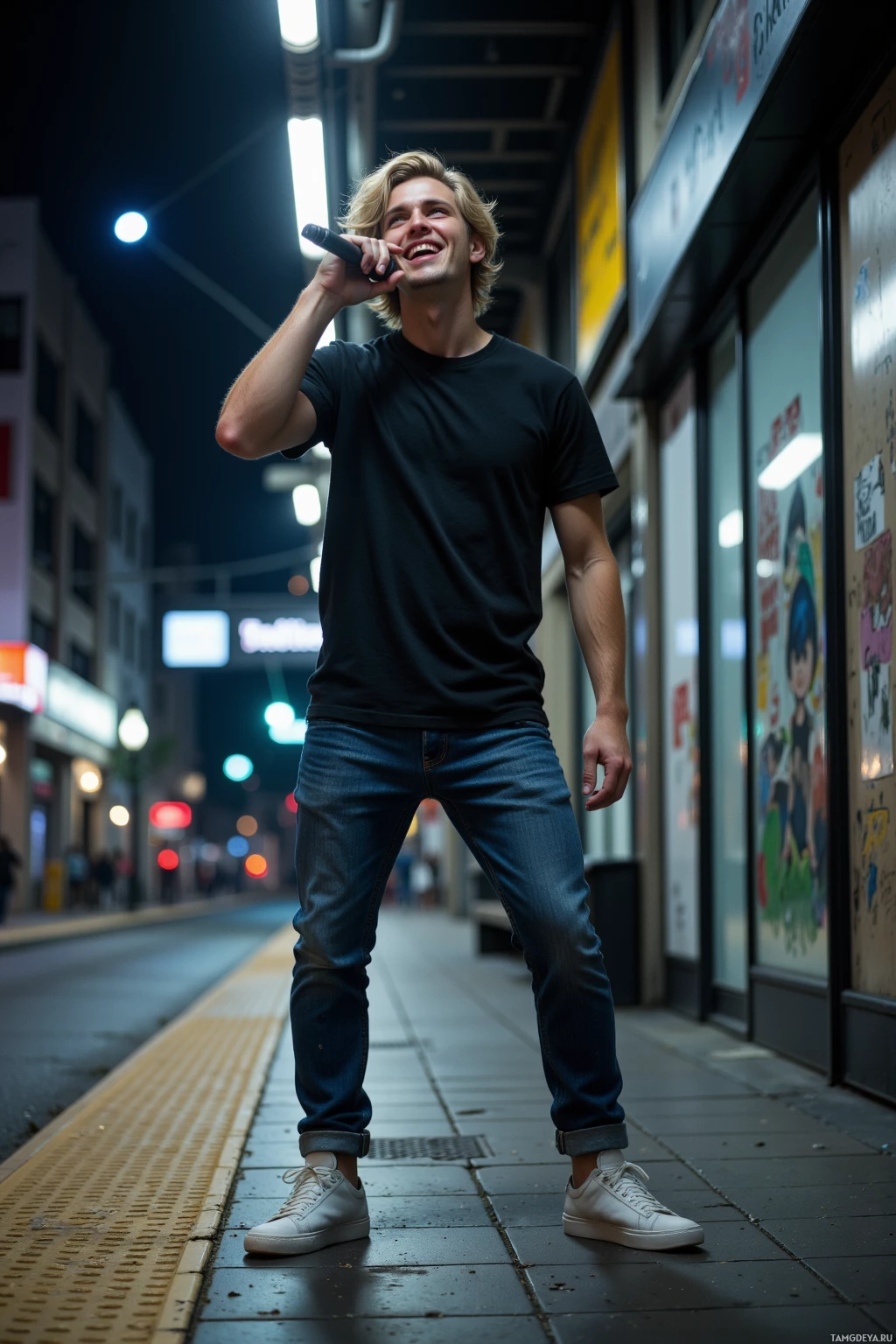 Человек стоит на ночном тротуаре, держа в руках микрофон и улыбаясь.